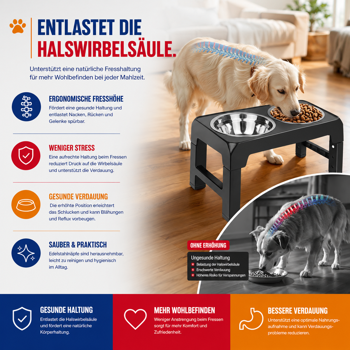 Erhöhte Futterstation mit Edelstahlnäpfen – Rückenschonend & höhenverstellbar