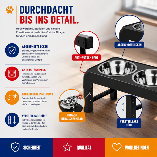 Erhöhte Futterstation mit Edelstahlnäpfen – Rückenschonend & höhenverstellbar