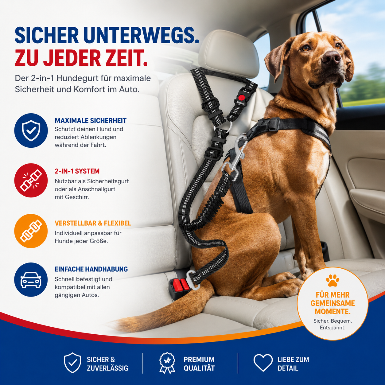 Hunde-Sicherheitsgurt fürs Auto – Verstellbar & reißfest für entspannte Fahrten