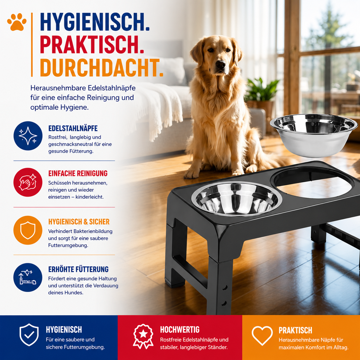 Erhöhte Futterstation mit Edelstahlnäpfen – Rückenschonend & höhenverstellbar