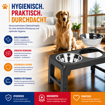Erhöhte Futterstation mit Edelstahlnäpfen – Rückenschonend & höhenverstellbar